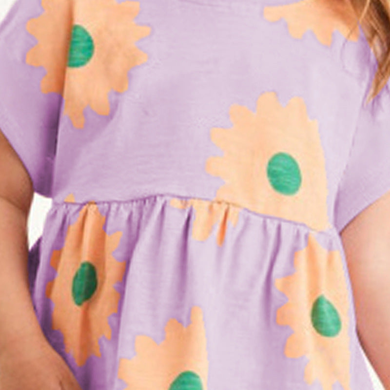 A vibrant Baby Girl Flower Graphic Short Sleeve Summer Set featuring a floral design in purple cotton, perfect for summer wear.