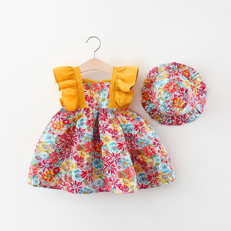 Adorable baby girl dress featuring a floral pattern and butterfly sleeves, accompanied by a matching hat, perfect for summer occasions.