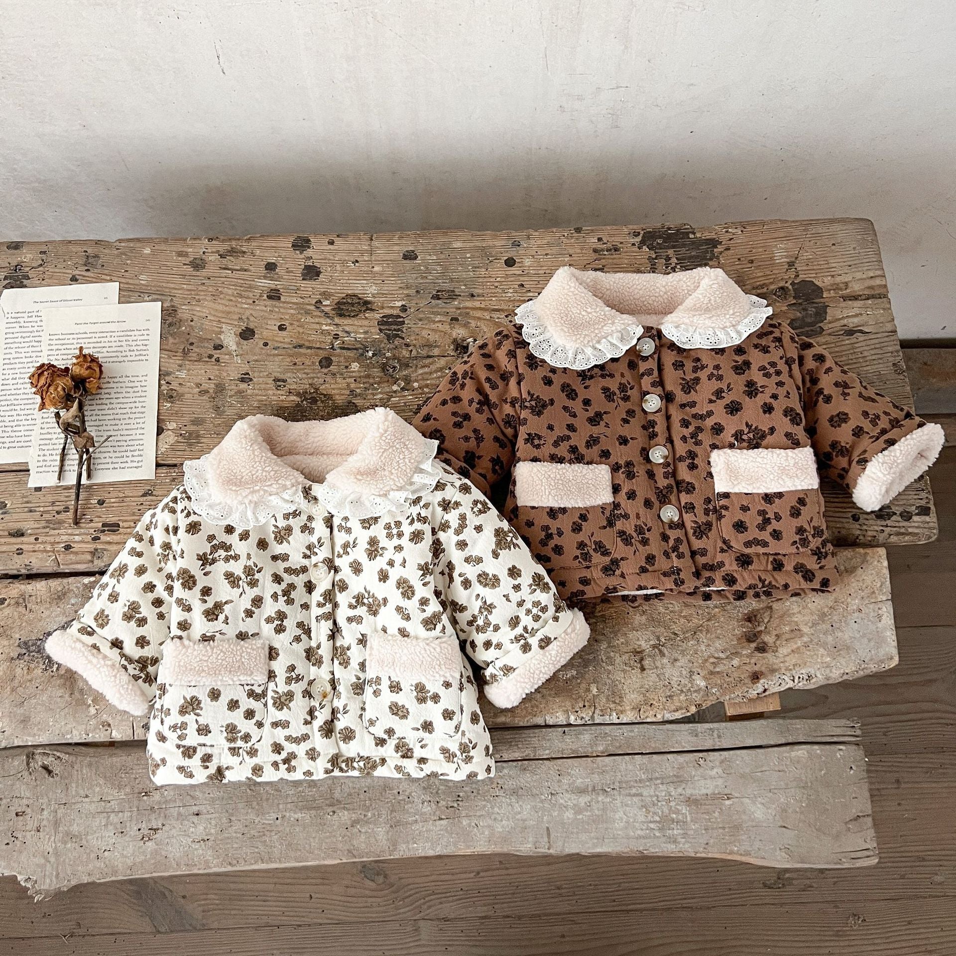 Baby Girl Jacquard Lapel Combo featuring floral pattern, two pockets, and thickened long sleeves in white and brown colors.