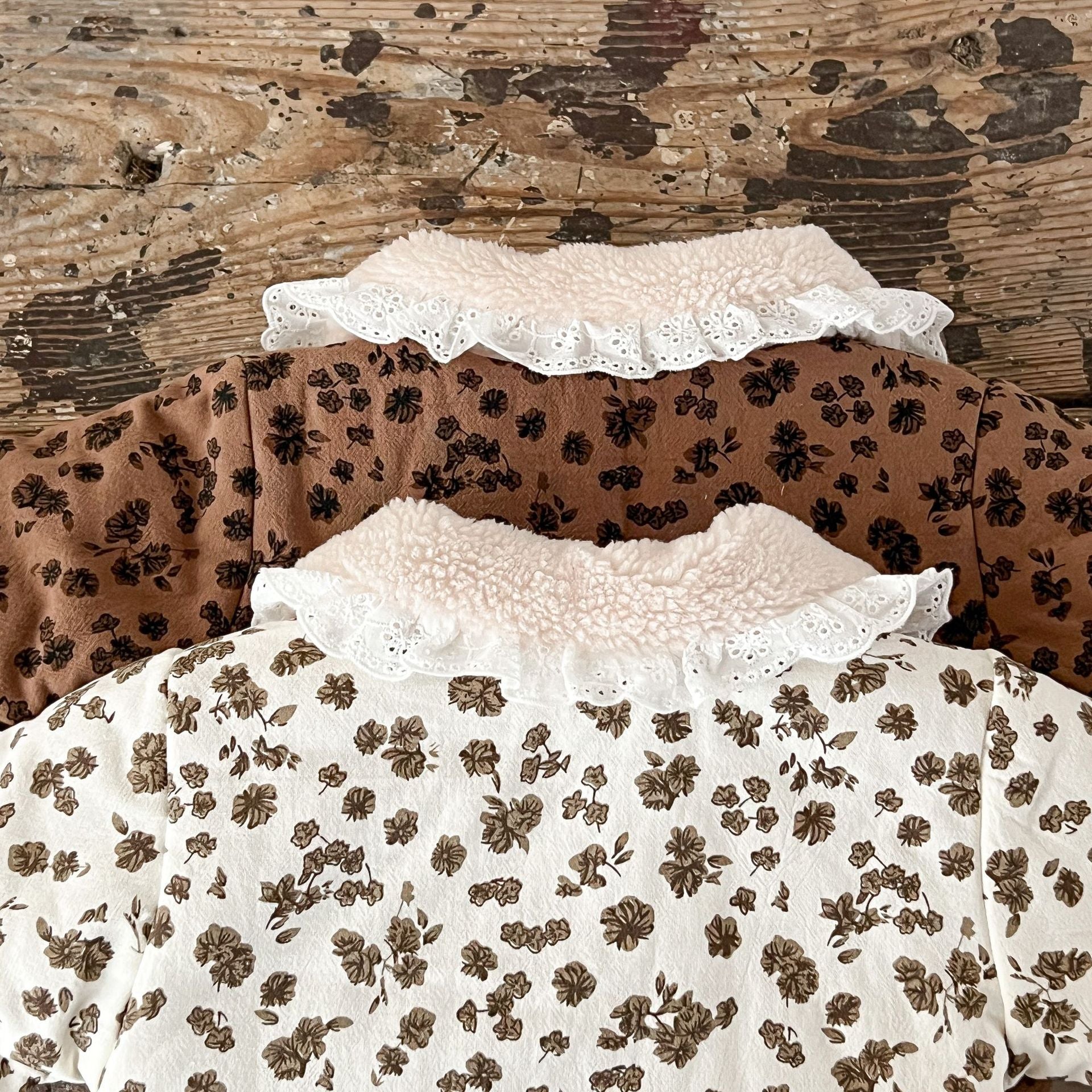 Baby Girl Jacquard Lapel Combo featuring floral pattern, two pockets, and thickened long sleeves in white and brown colors.