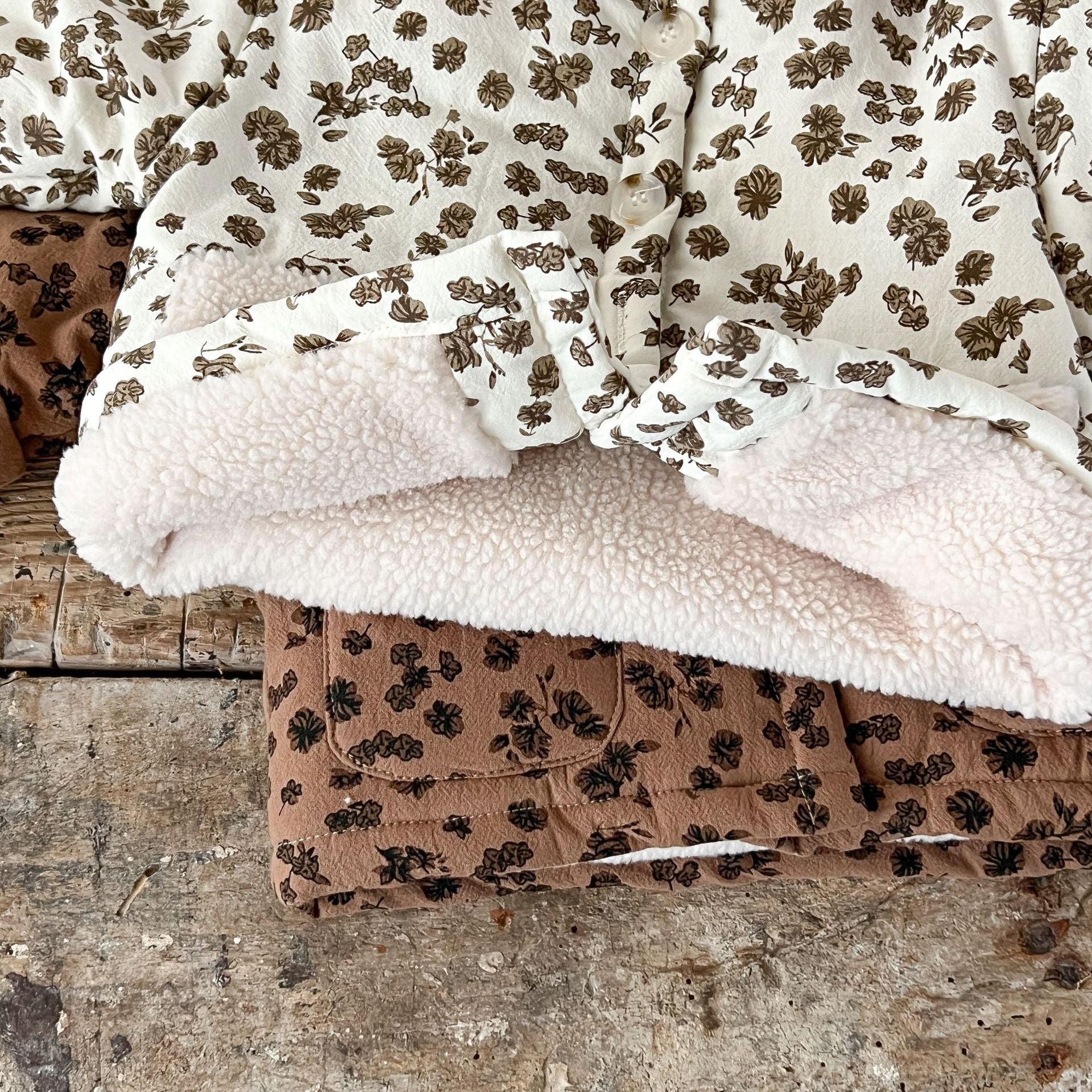 Baby Girl Jacquard Lapel Combo featuring floral pattern, two pockets, and thickened long sleeves in white and brown colors.