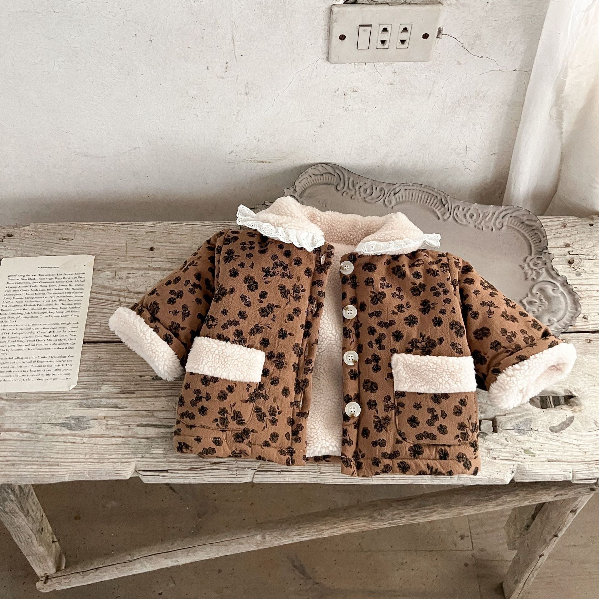 Baby Girl Jacquard Lapel Combo featuring floral pattern, two pockets, and thickened long sleeves in white and brown colors.