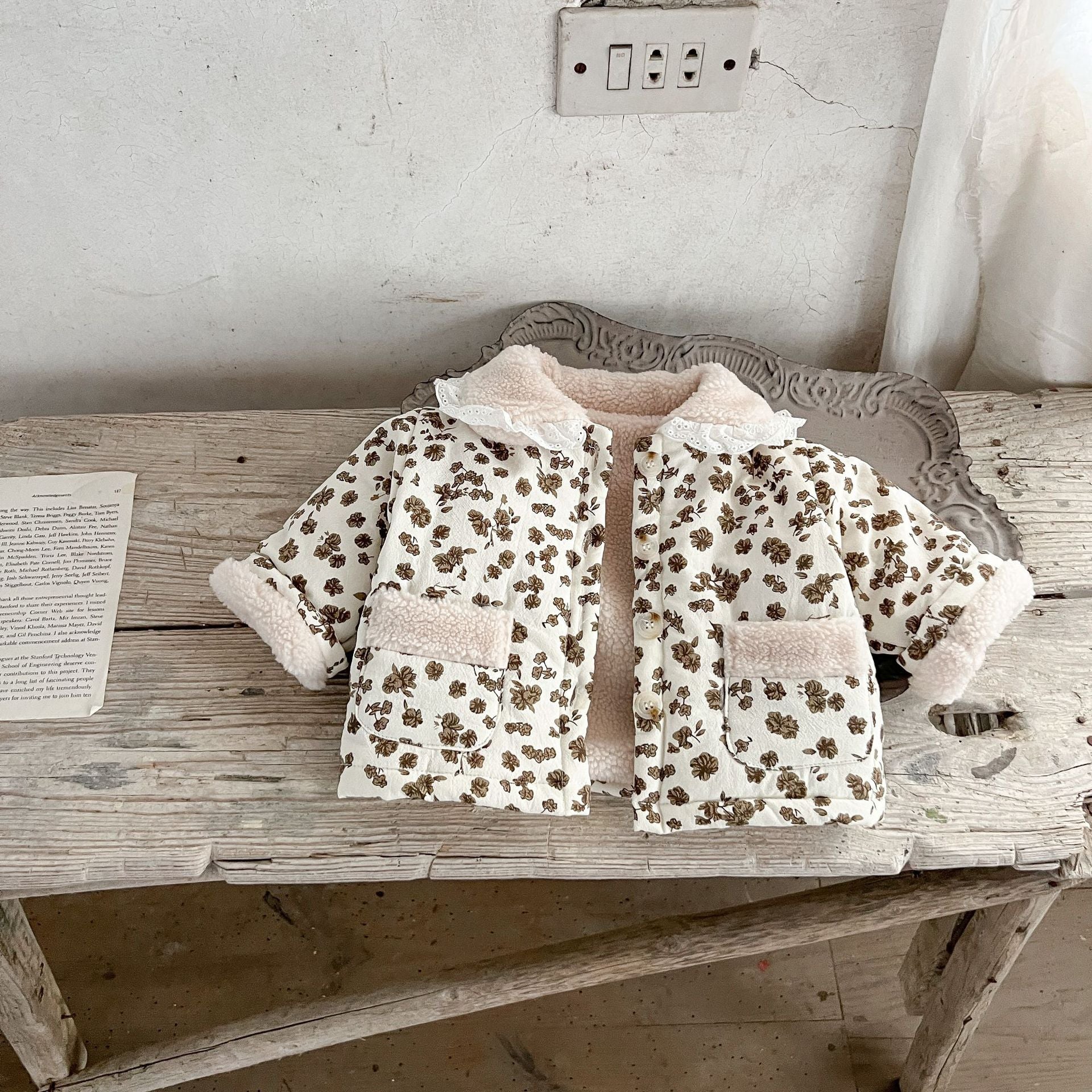 Baby Girl Jacquard Lapel Combo featuring floral pattern, two pockets, and thickened long sleeves in white and brown colors.