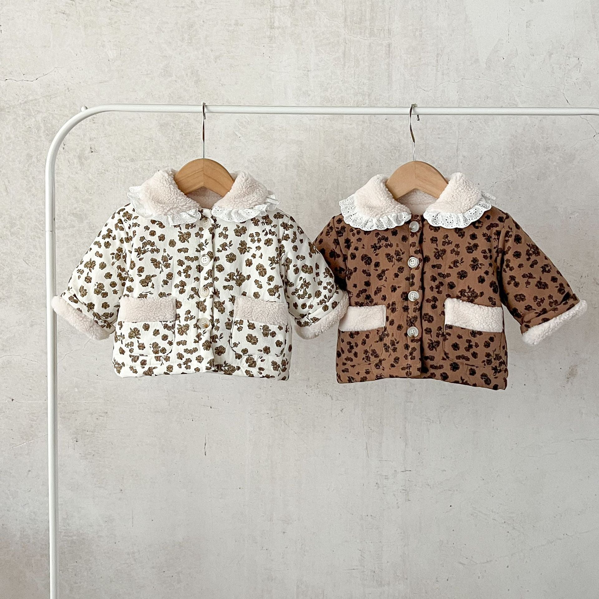 Baby Girl Jacquard Lapel Combo featuring floral pattern, two pockets, and thickened long sleeves in white and brown colors.