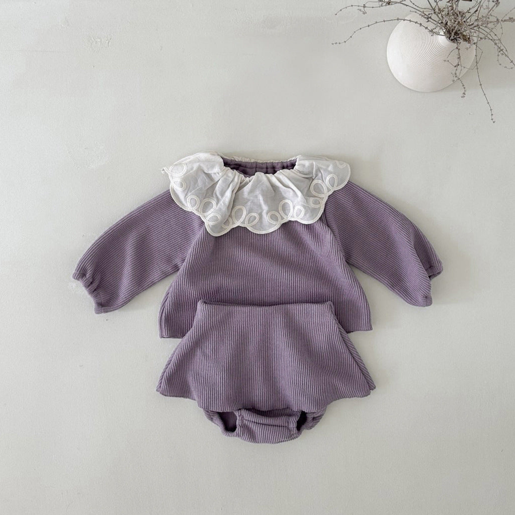 Baby girl two-piece set featuring laces round collars in purple and apricot colors, made from soft cotton material.