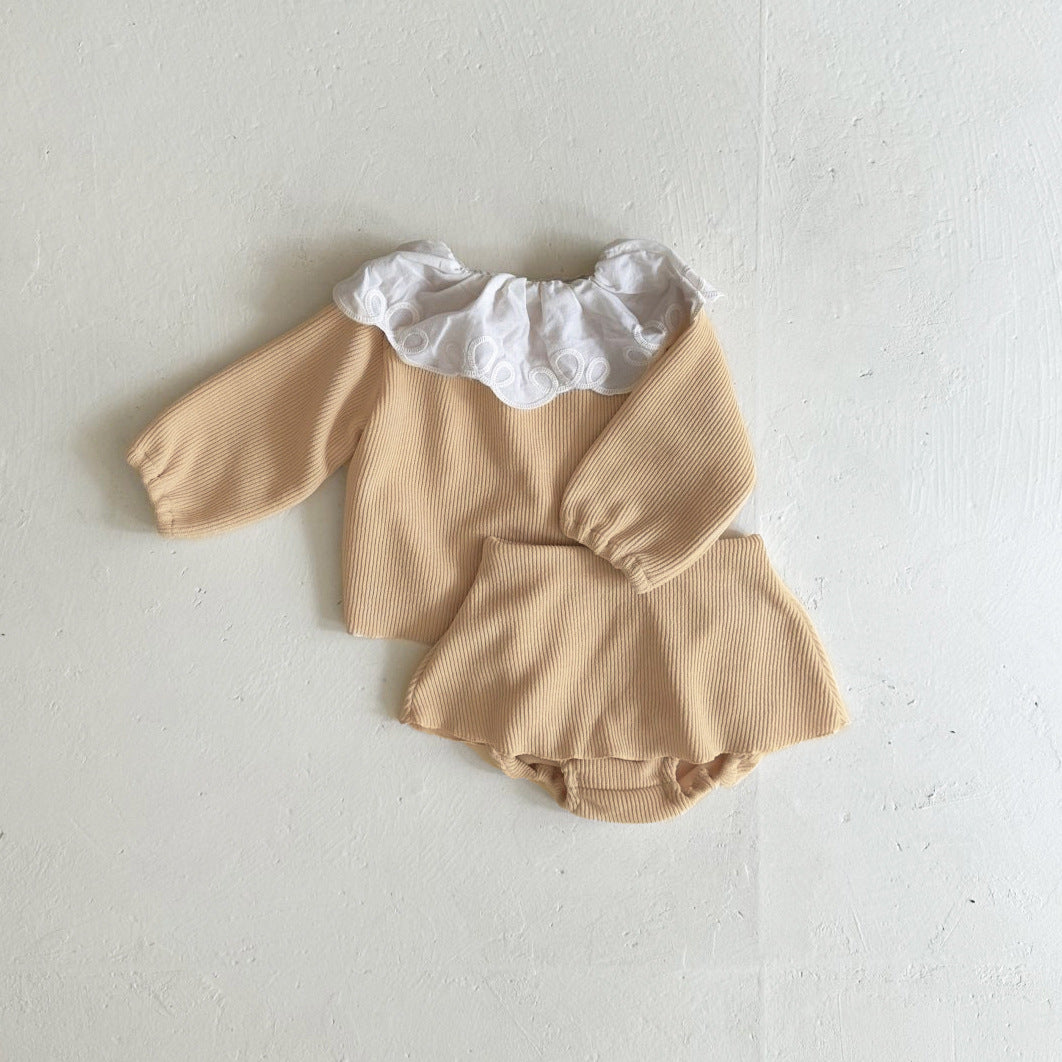Baby girl two-piece set featuring laces round collars in purple and apricot colors, made from soft cotton material.