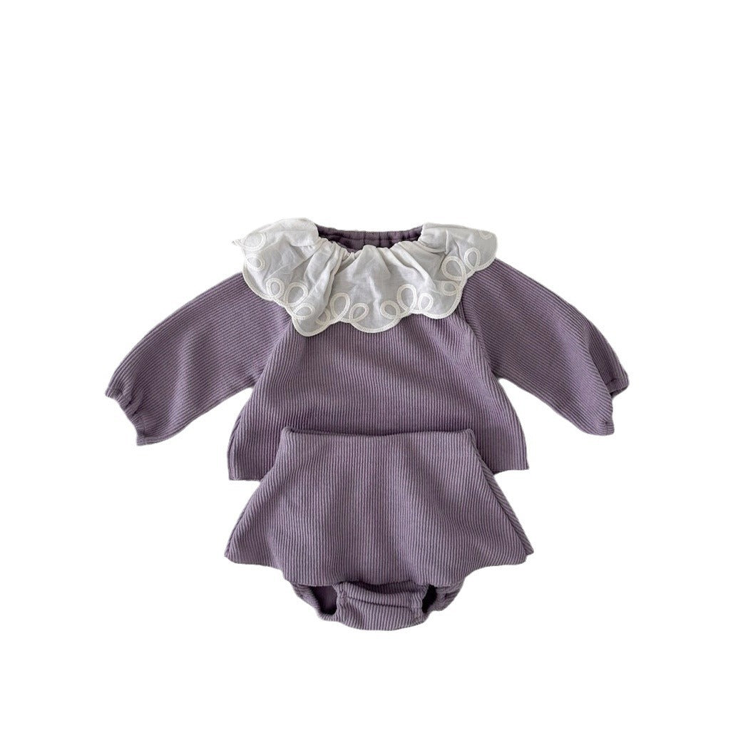 Baby girl two-piece set featuring laces round collars in purple and apricot colors, made from soft cotton material.