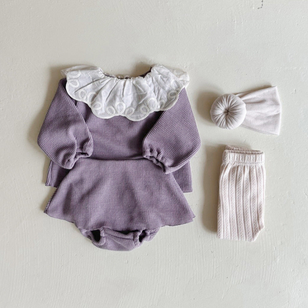 Baby girl two-piece set featuring laces round collars in purple and apricot colors, made from soft cotton material.