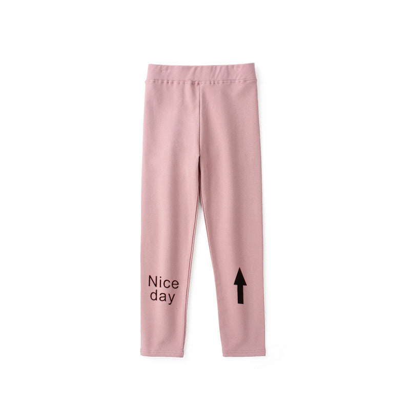 Baby girl leggings featuring a fun letter print pattern in soft cotton, available in multiple colors for autumn wear.