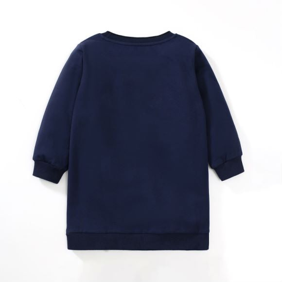 A stylish navy blue long sleeve dress for baby girls, made of soft cotton, perfect for autumn and spring wear.