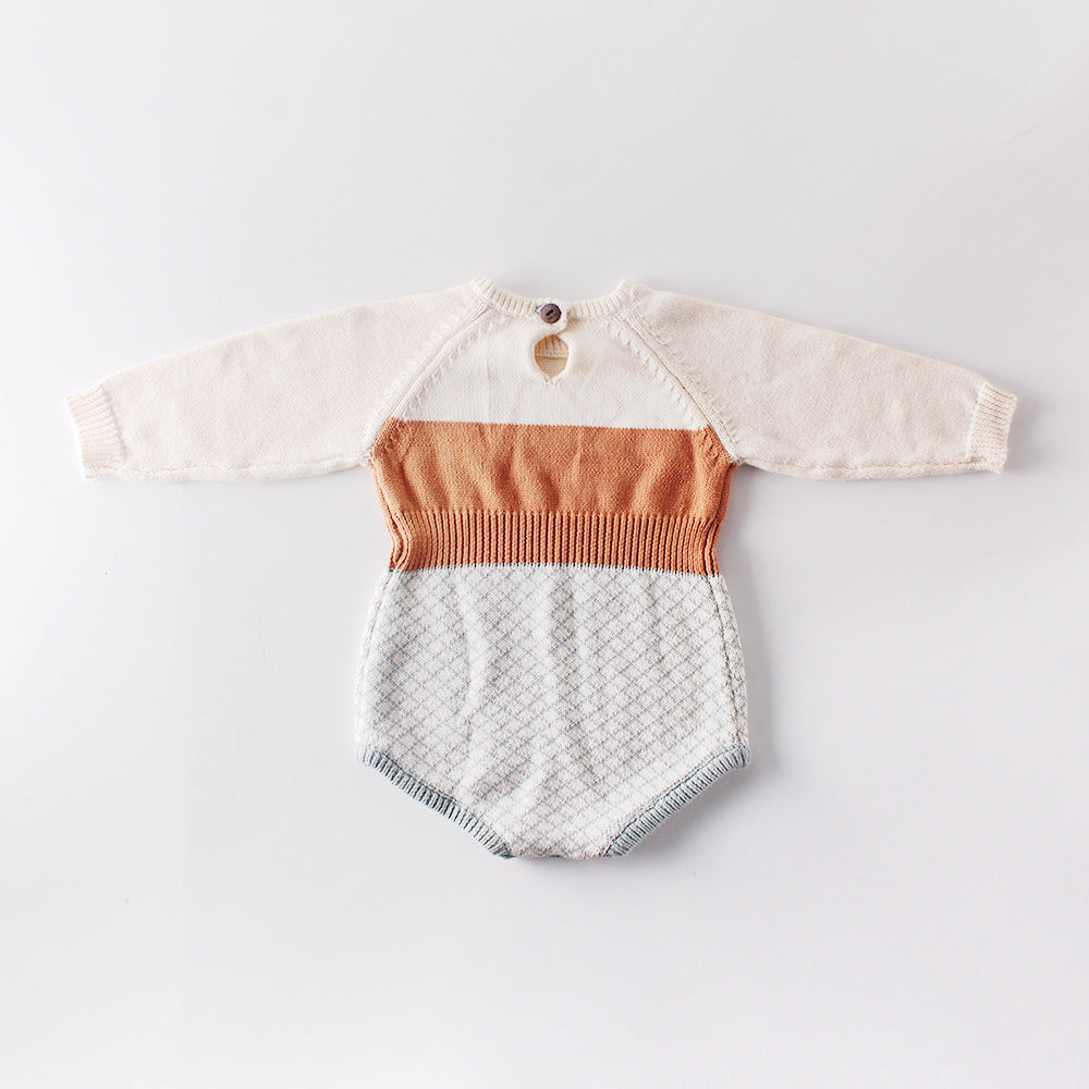 Adorable Baby Girl Plaid Graphic Knitted Contrast Long Sleeve Onesie in coffee color, featuring a stylish plaid pattern.