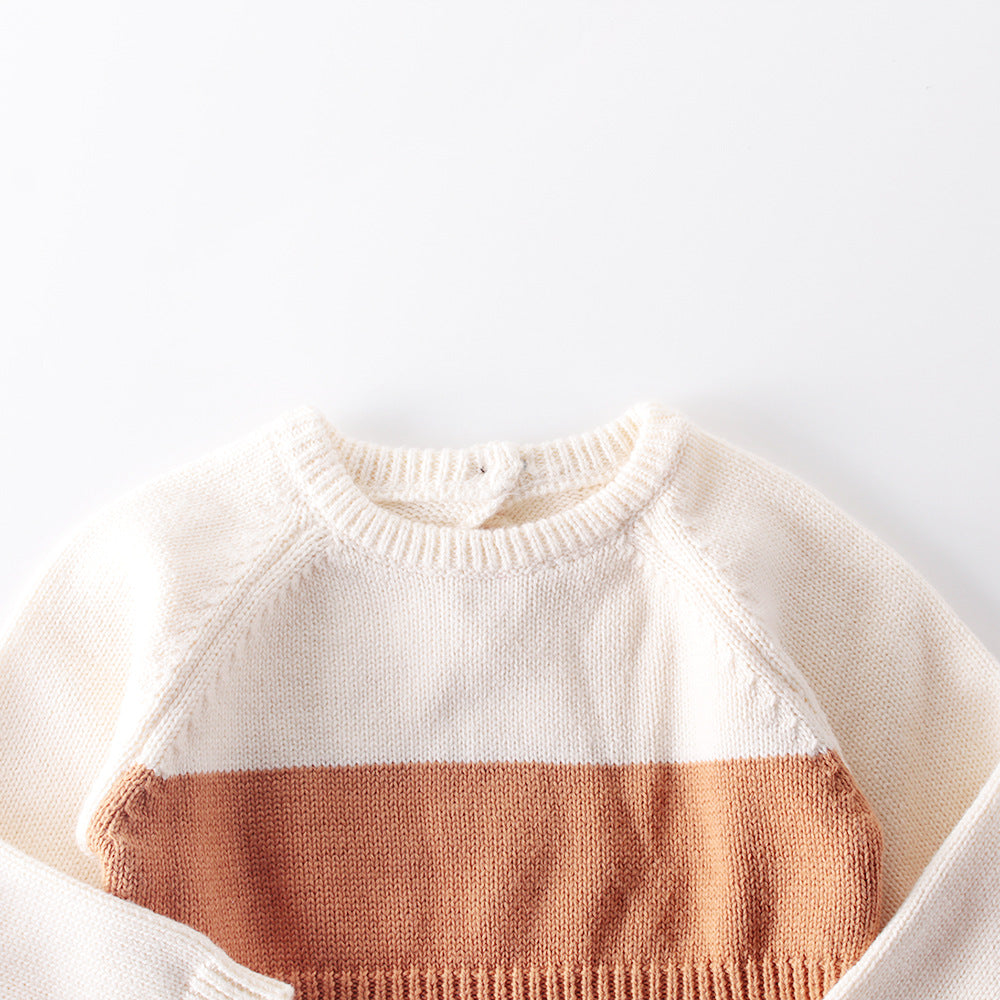 Adorable Baby Girl Plaid Graphic Knitted Contrast Long Sleeve Onesie in coffee color, featuring a stylish plaid pattern.