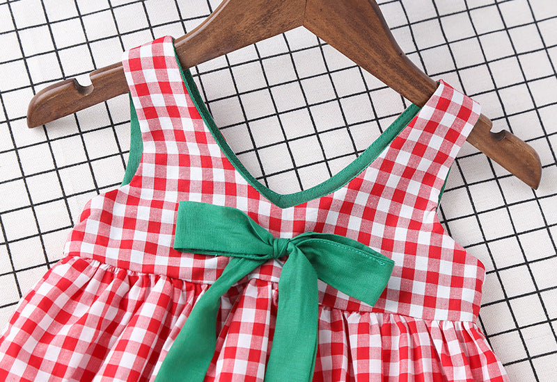 A vibrant red sleeveless dress for baby girls featuring a plaid pattern and a decorative bow tie, perfect for summer outings.
