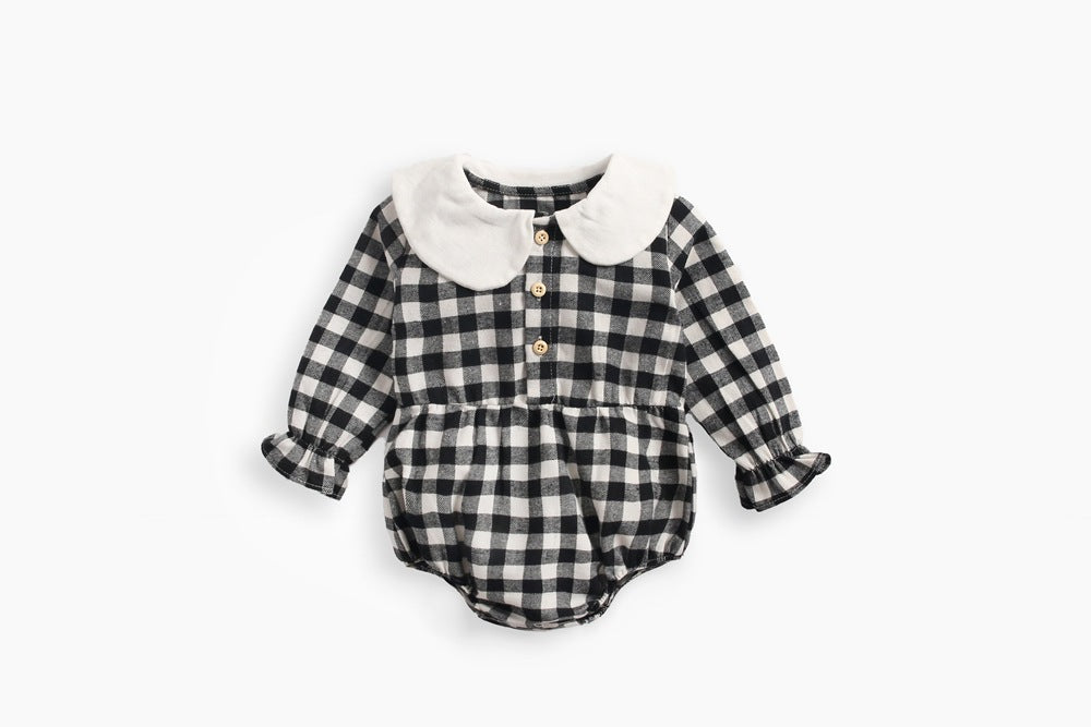 Baby girl long sleeve onesie featuring a plaid pattern and doll collar design in black and grey colors.