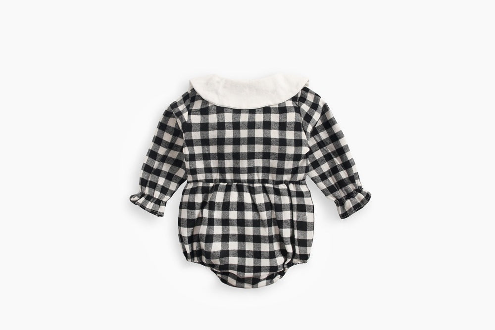 Baby girl long sleeve onesie featuring a plaid pattern and doll collar design in black and grey colors.