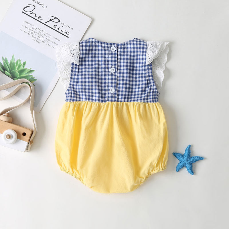 Baby girl sleeveless onesie featuring plaid pattern, lace patchwork, and bow in vibrant yellow color.