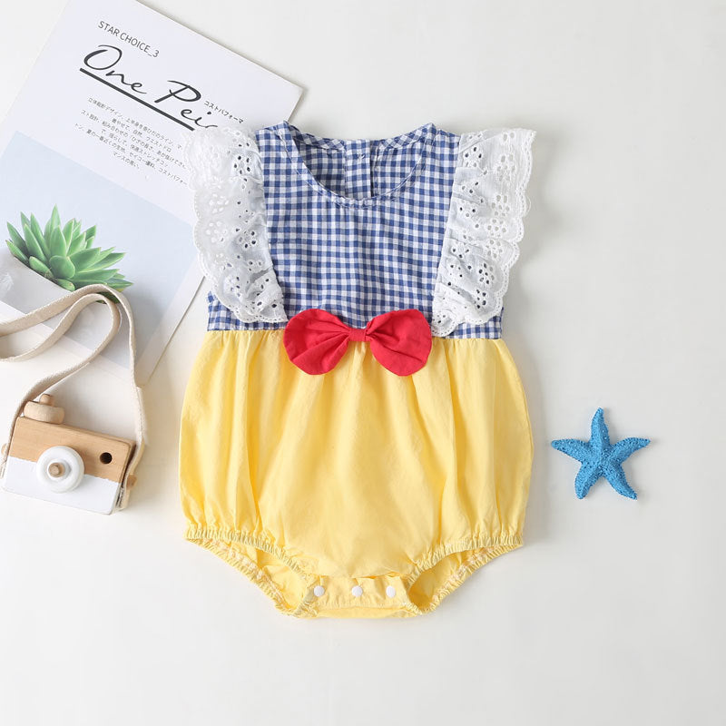 Baby girl sleeveless onesie featuring plaid pattern, lace patchwork, and bow in vibrant yellow color.