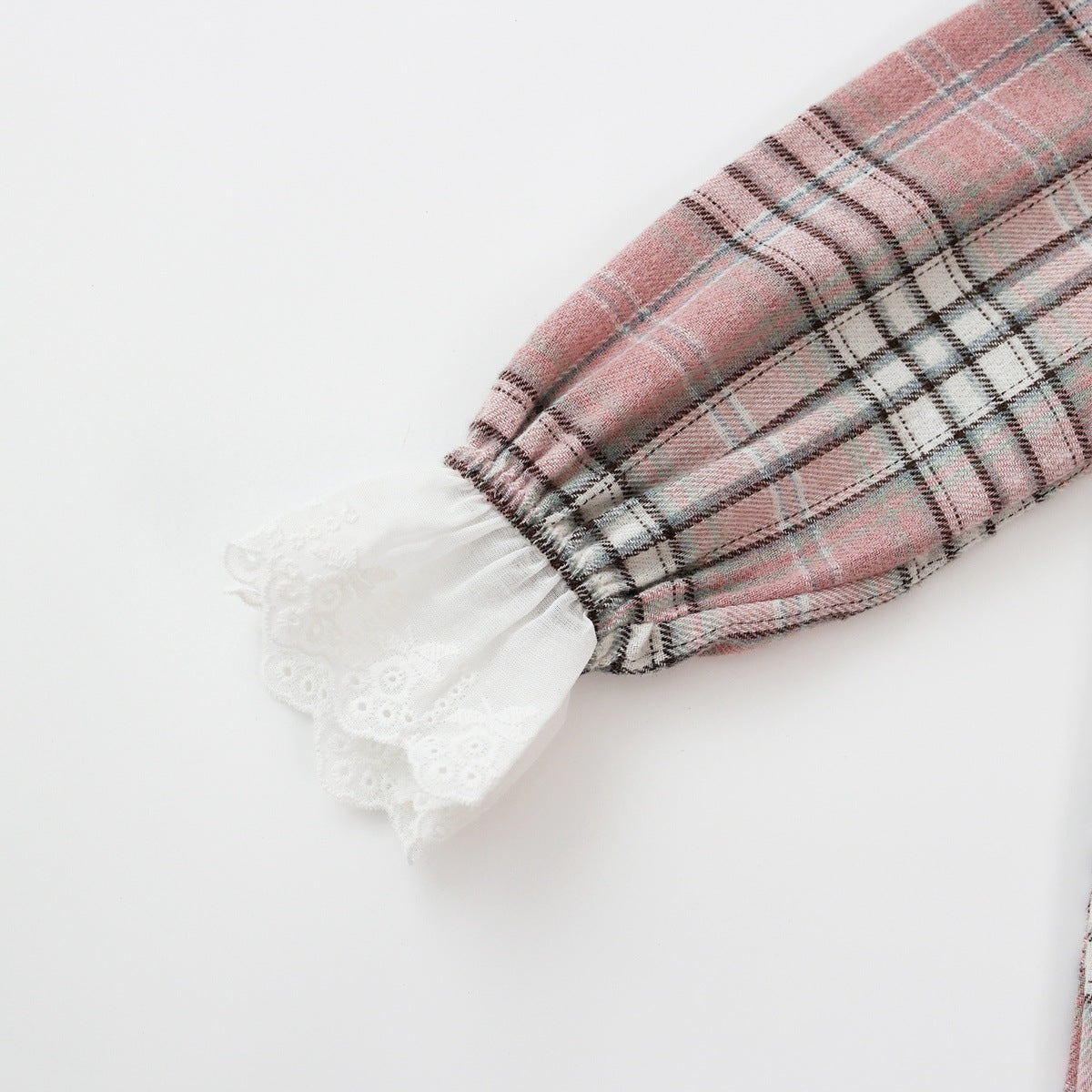 Baby girl romper featuring a plaid pattern and mesh patchwork design with a doll neck bow tie, available in pink and yellow.