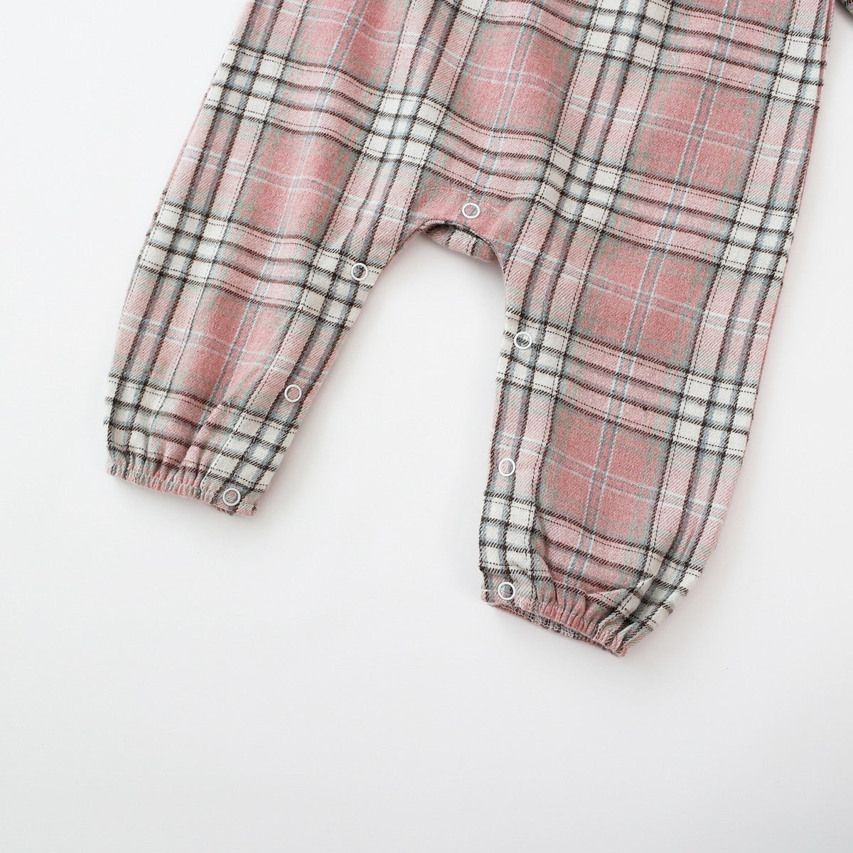 Baby girl romper featuring a plaid pattern and mesh patchwork design with a doll neck bow tie, available in pink and yellow.