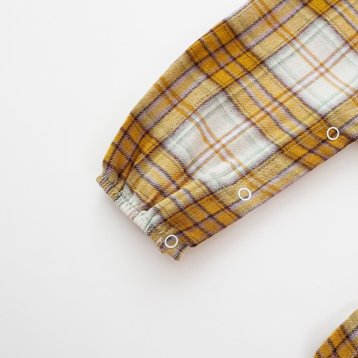 Baby girl romper featuring a plaid pattern and mesh patchwork design with a doll neck bow tie, available in pink and yellow.