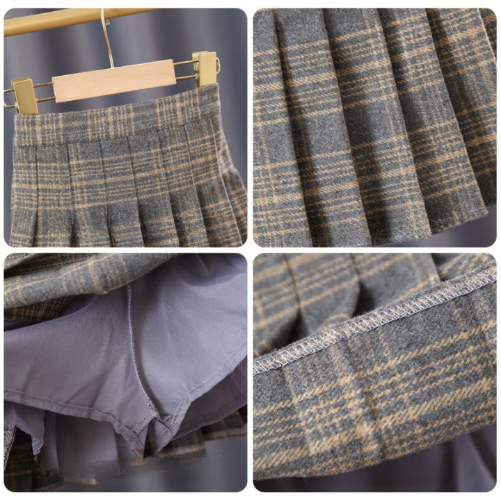 A stylish Baby Girl Plaid Pattern Pleated Skirt in various colors, showcasing its pleated design and plaid pattern, perfect for autumn wear.