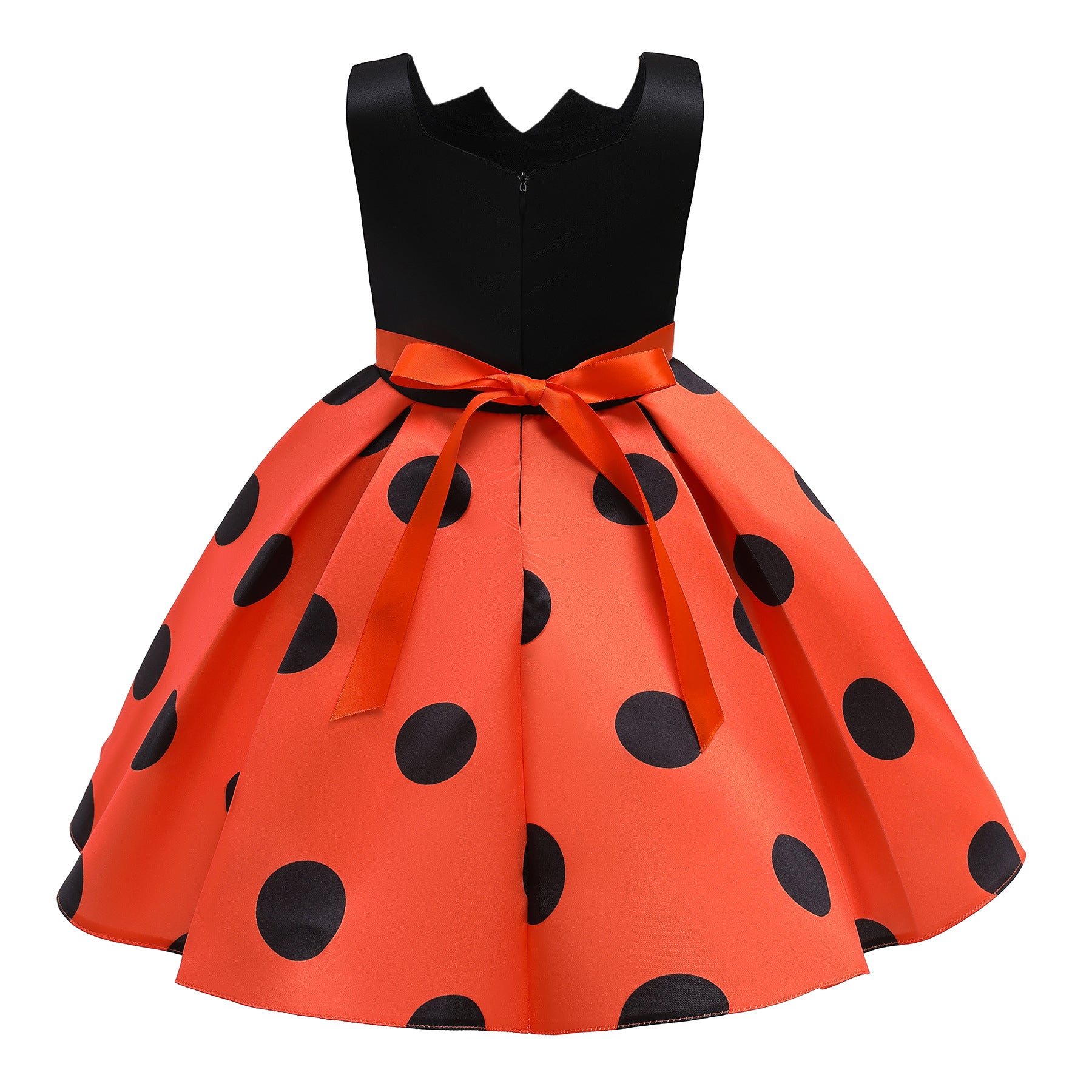 A vibrant Baby Girl Polka Dot Graphic Sleeveless Performance Evening Dress in red and orange, featuring a playful polka dot pattern.