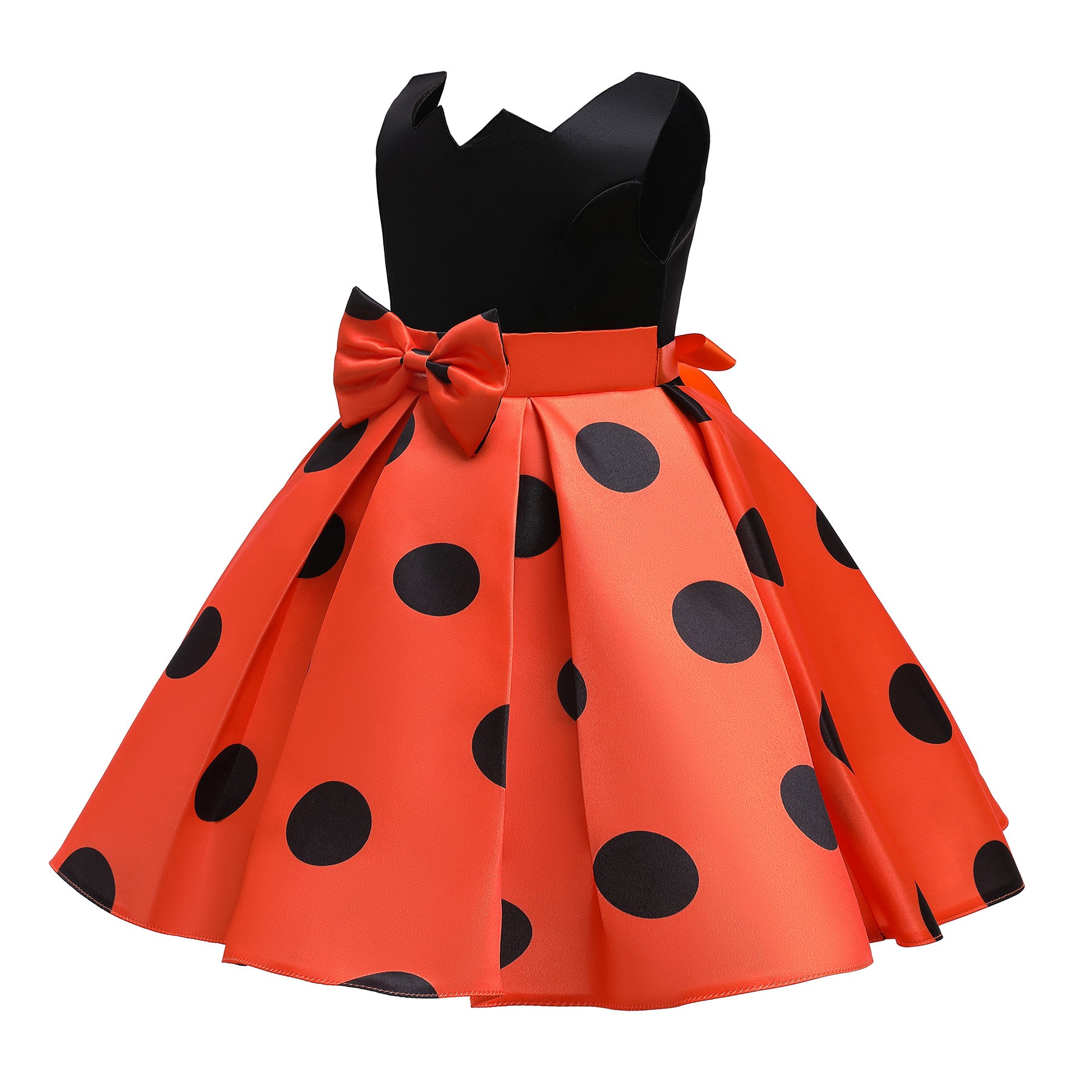 A vibrant Baby Girl Polka Dot Graphic Sleeveless Performance Evening Dress in red and orange, featuring a playful polka dot pattern.