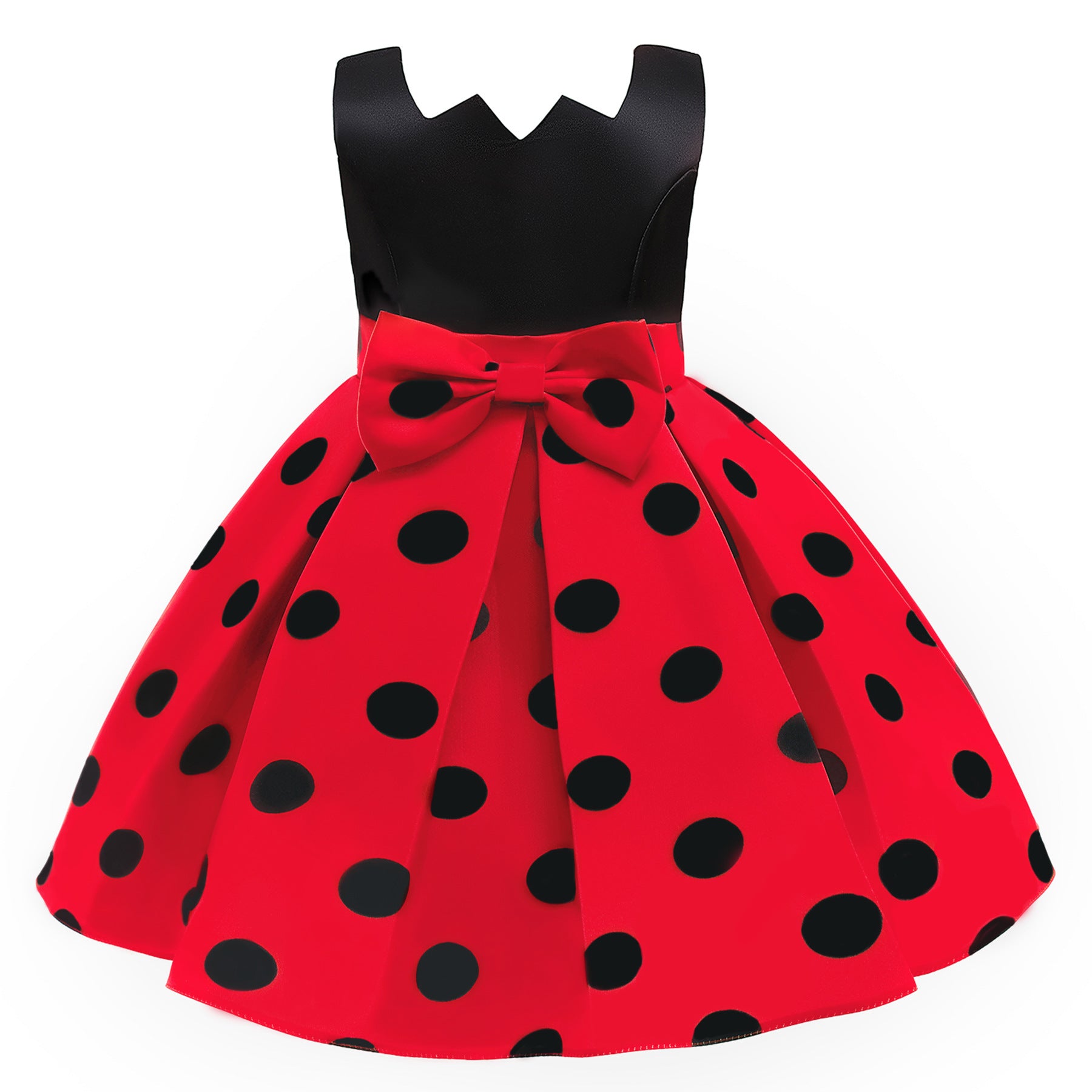 A vibrant Baby Girl Polka Dot Graphic Sleeveless Performance Evening Dress in red and orange, featuring a playful polka dot pattern.