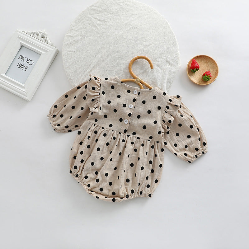 Baby girl bodysuit featuring a polka dot pattern and flying sleeves in brown color, perfect for spring and autumn wear.