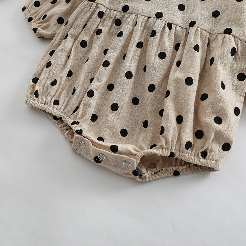 Baby girl bodysuit featuring a polka dot pattern and flying sleeves in brown color, perfect for spring and autumn wear.