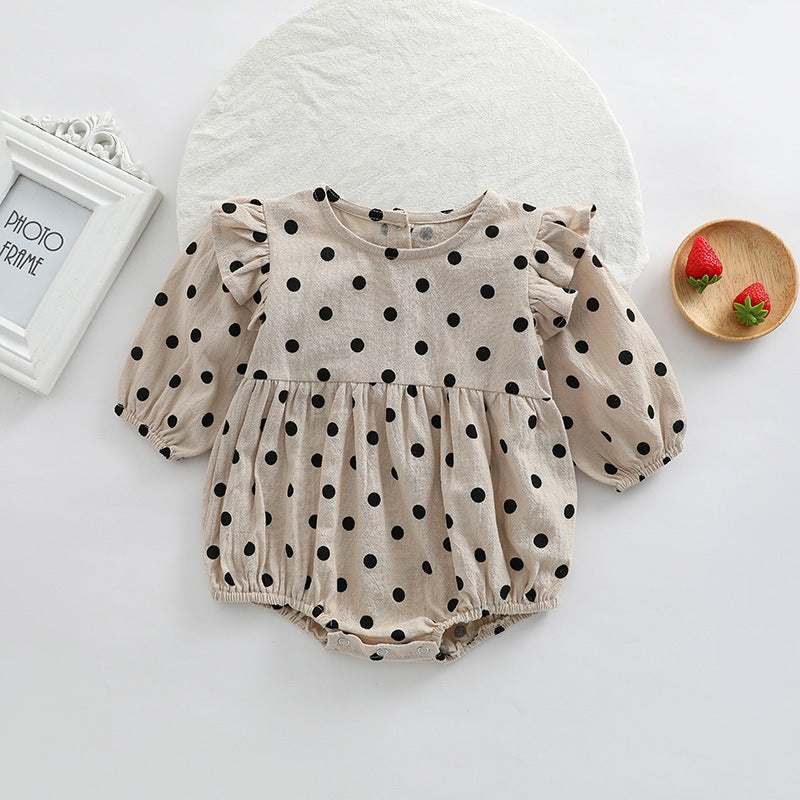 Baby girl bodysuit featuring a polka dot pattern and flying sleeves in brown color, perfect for spring and autumn wear.