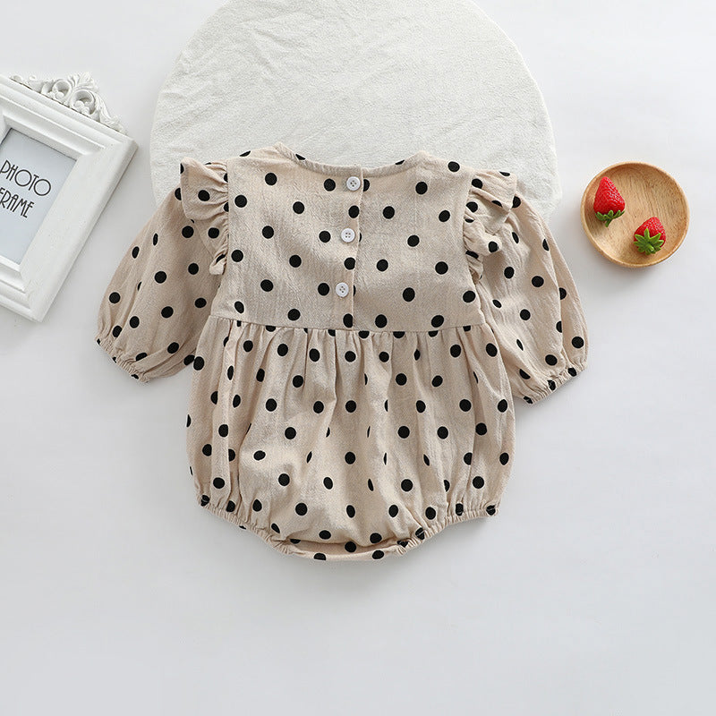 Baby girl bodysuit featuring a polka dot pattern and flying sleeves in brown color, perfect for spring and autumn wear.