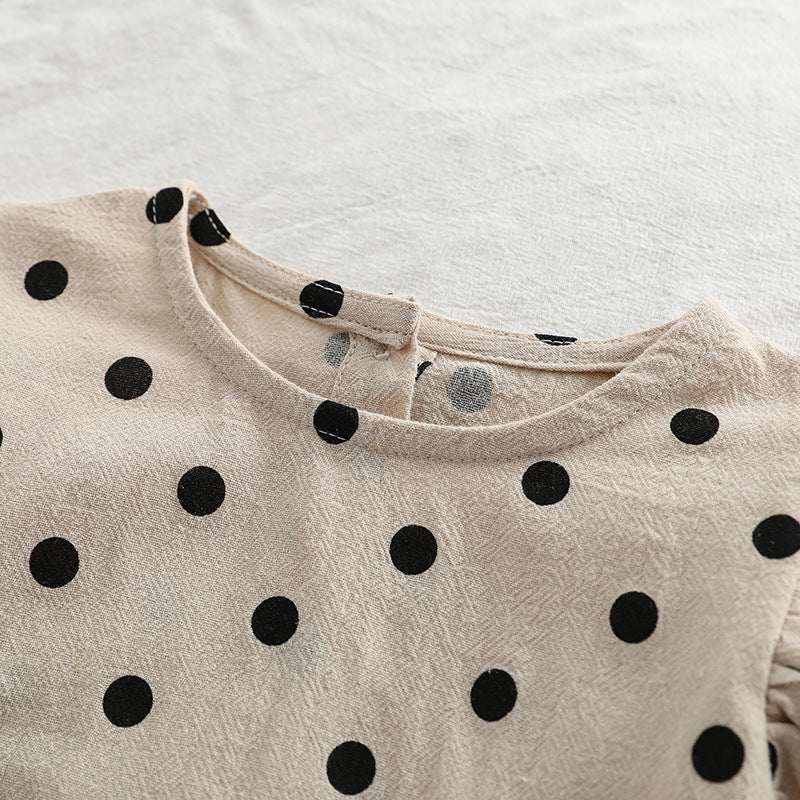 Baby girl bodysuit featuring a polka dot pattern and flying sleeves in brown color, perfect for spring and autumn wear.