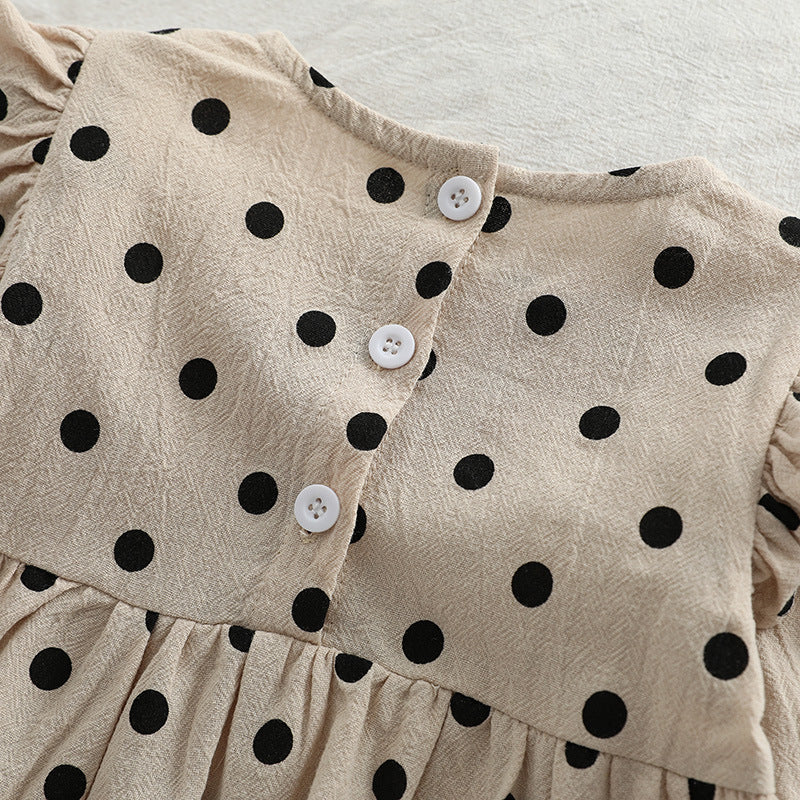 Baby girl bodysuit featuring a polka dot pattern and flying sleeves in brown color, perfect for spring and autumn wear.