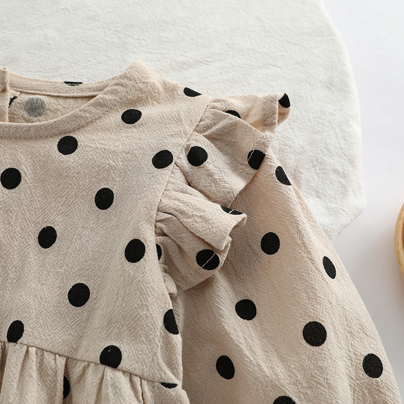 Baby girl bodysuit featuring a polka dot pattern and flying sleeves in brown color, perfect for spring and autumn wear.