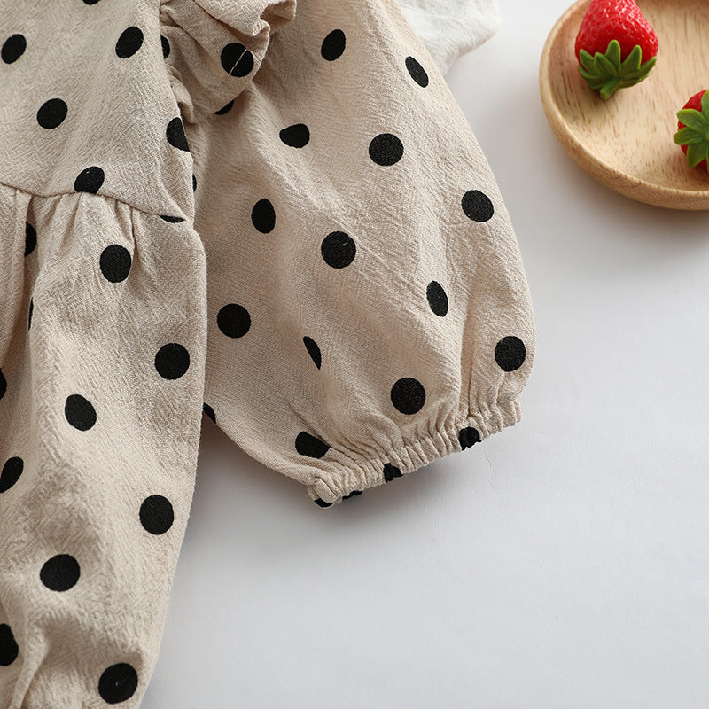 Baby girl bodysuit featuring a polka dot pattern and flying sleeves in brown color, perfect for spring and autumn wear.