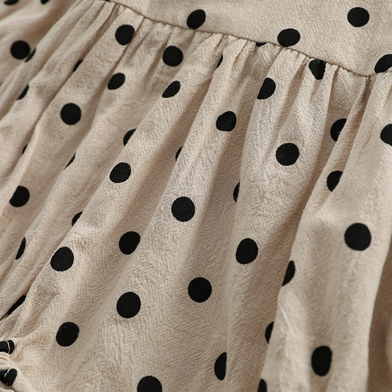Baby girl bodysuit featuring a polka dot pattern and flying sleeves in brown color, perfect for spring and autumn wear.