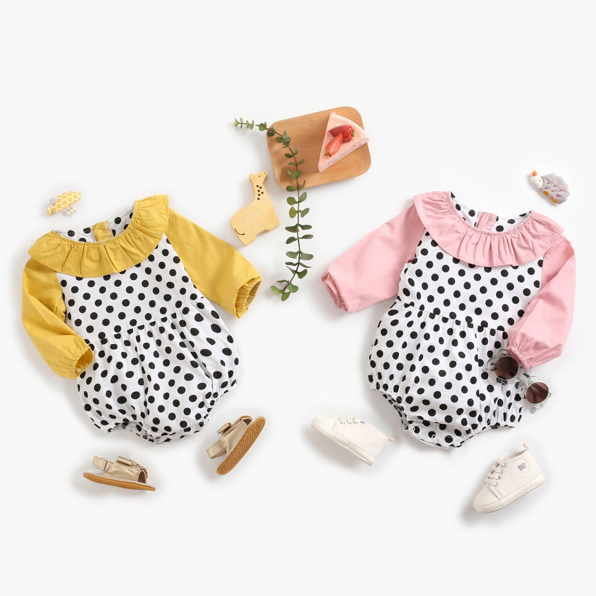 Baby girl bodysuit featuring a polka dot pattern and ruffle collar design, perfect for spring and autumn wear.