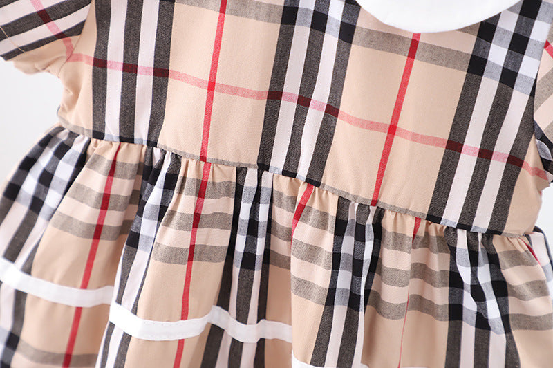Baby girl dress featuring a doll collar design in khaki color with a plaid pattern, perfect for summer occasions.
