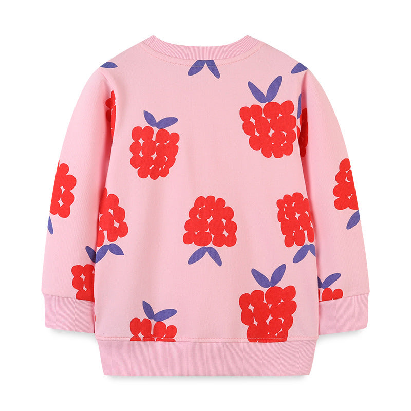 A stylish baby girl hoodie in pink with a charming fruit print pattern, perfect for spring and autumn wear.