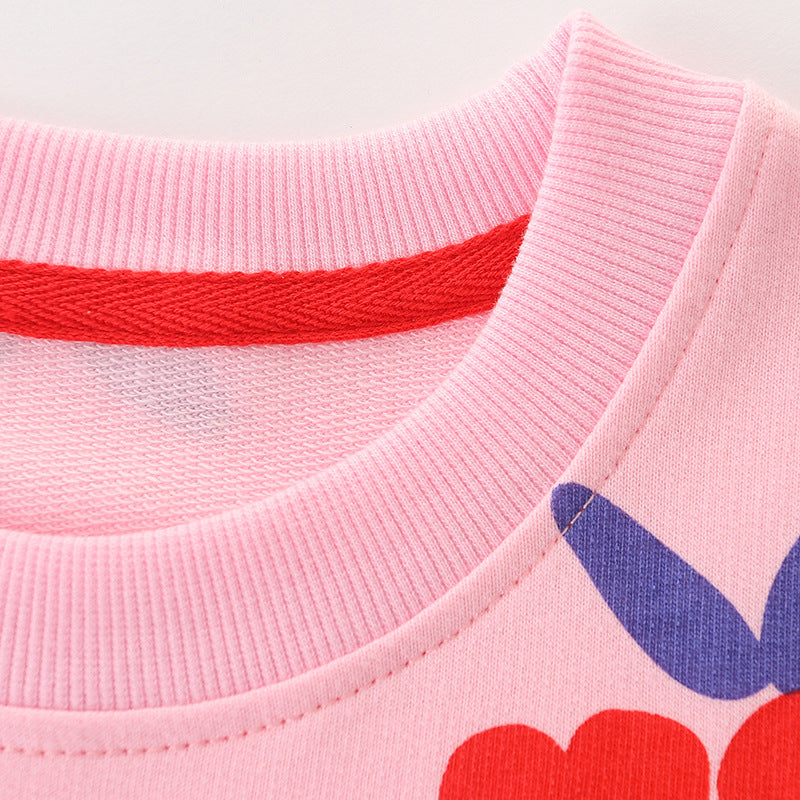 A stylish baby girl hoodie in pink with a charming fruit print pattern, perfect for spring and autumn wear.