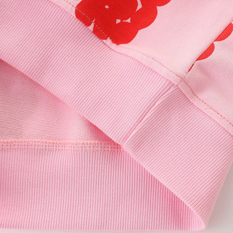 A stylish baby girl hoodie in pink with a charming fruit print pattern, perfect for spring and autumn wear.
