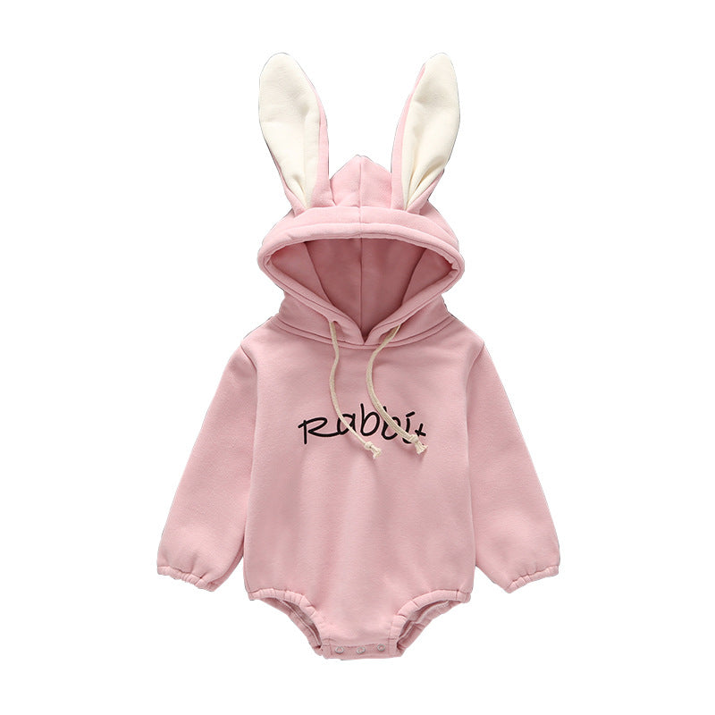Baby girl wearing a cute rabbit ear design long sleeved onesie in pink, showcasing a playful print pattern.