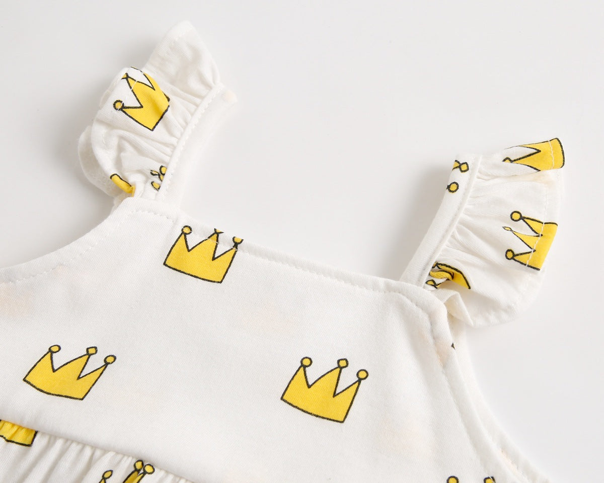 Adorable baby girl outfit featuring a ruffle sleeveless top and matching shorts with a heart printed pattern in pink and yellow.