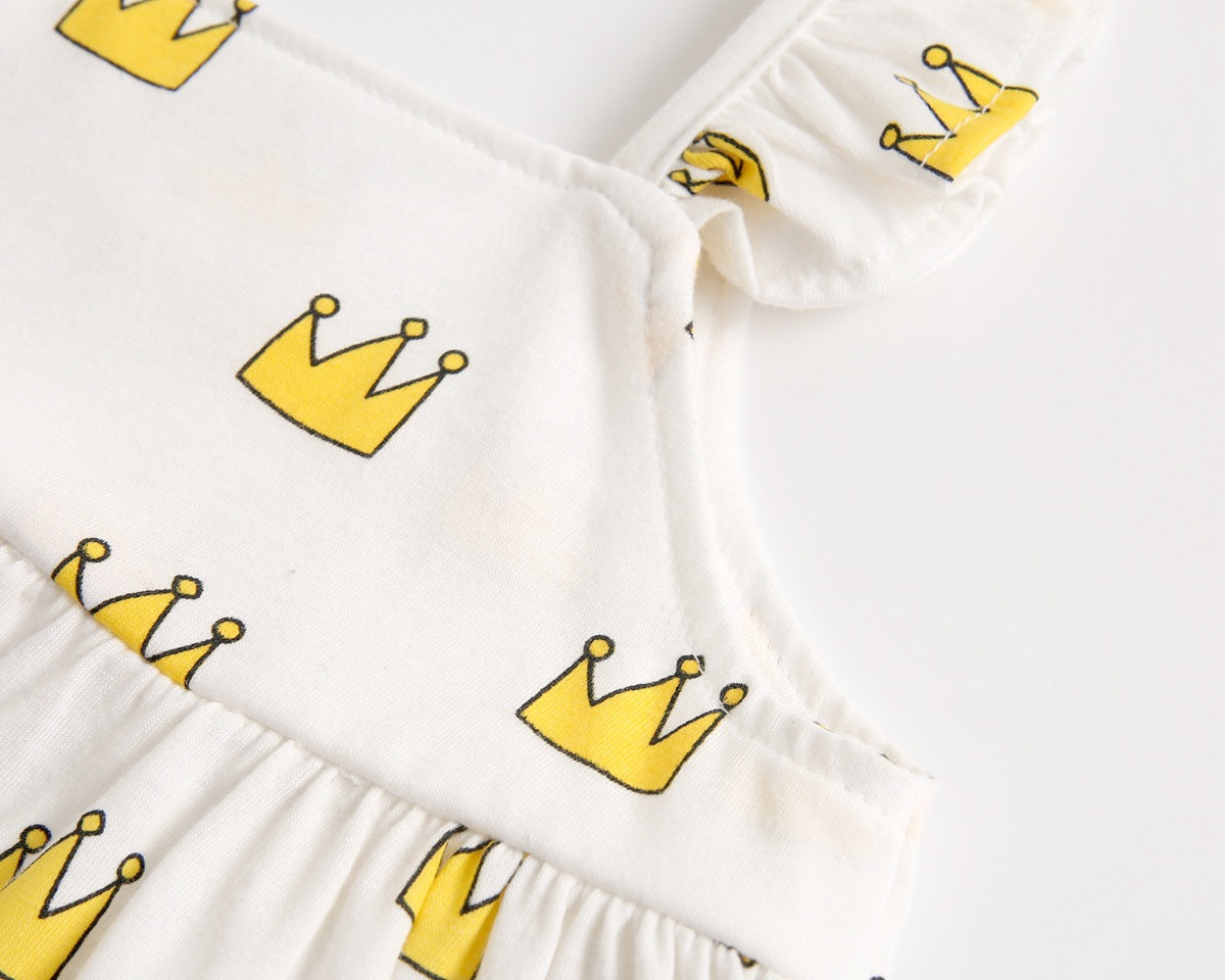 Adorable baby girl outfit featuring a ruffle sleeveless top and matching shorts with a heart printed pattern in pink and yellow.