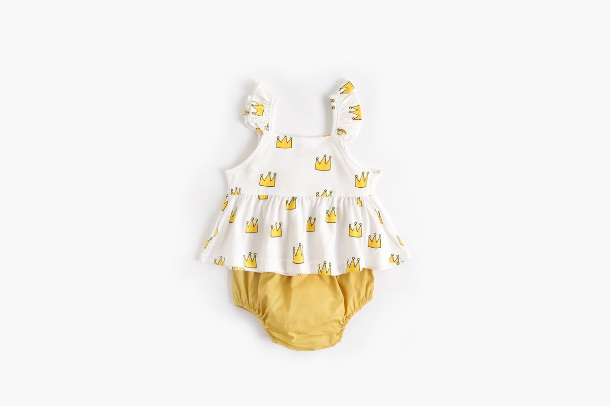 Adorable baby girl outfit featuring a ruffle sleeveless top and matching shorts with a heart printed pattern in pink and yellow.