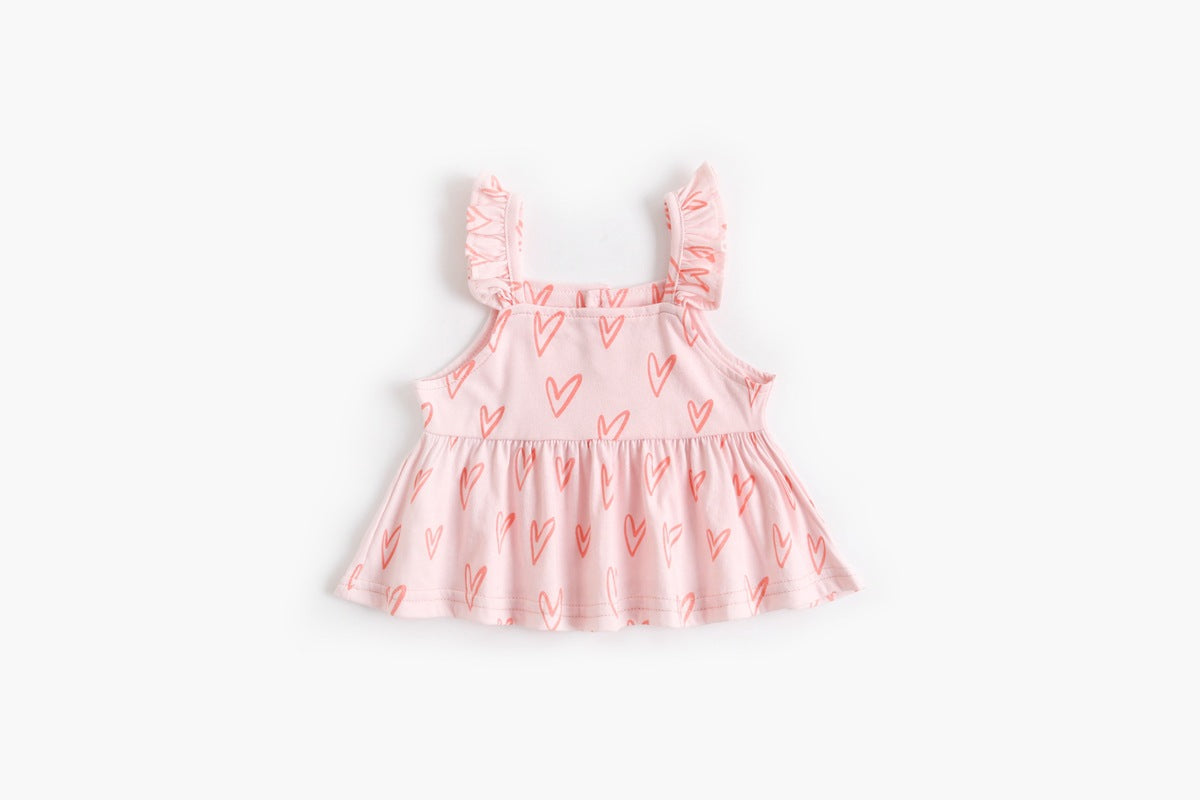 Adorable baby girl outfit featuring a ruffle sleeveless top and matching shorts with a heart printed pattern in pink and yellow.