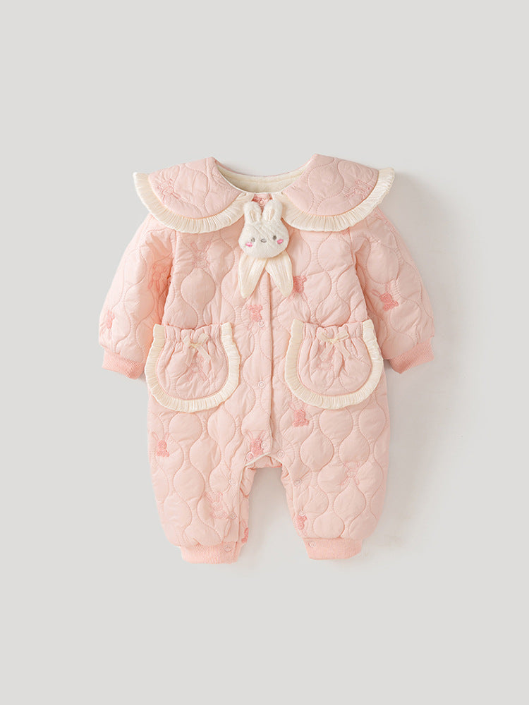 Baby girl wearing a pink rabbit cartoon romper with a Peter Pan collar, showcasing a playful design suitable for all seasons.