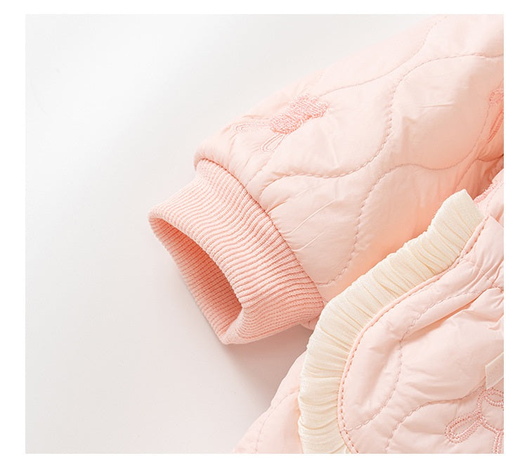 Baby girl wearing a pink rabbit cartoon romper with a Peter Pan collar, showcasing a playful design suitable for all seasons.