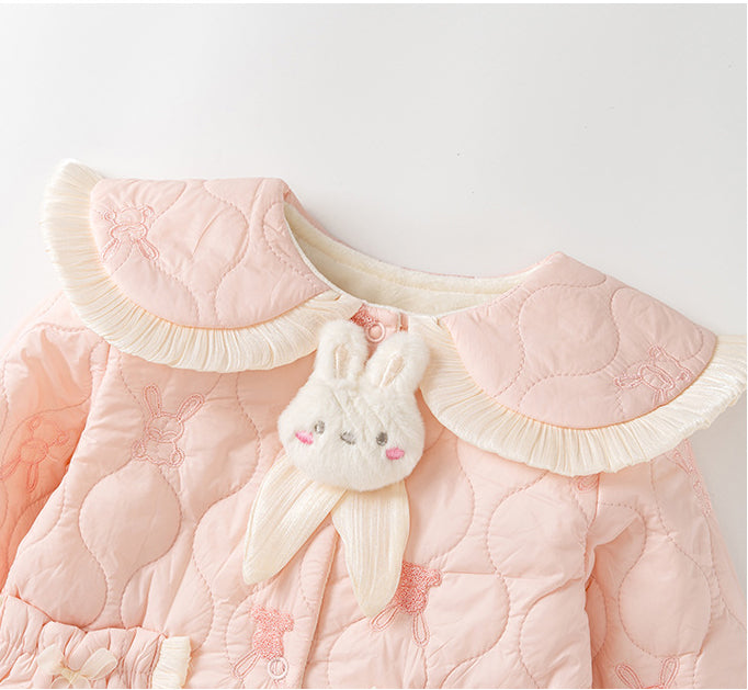 Baby girl wearing a pink rabbit cartoon romper with a Peter Pan collar, showcasing a playful design suitable for all seasons.